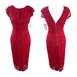 $240 NWT ABS by Allen Schwartz Lace Red Flutter Sleeve Pencil Dress 0133